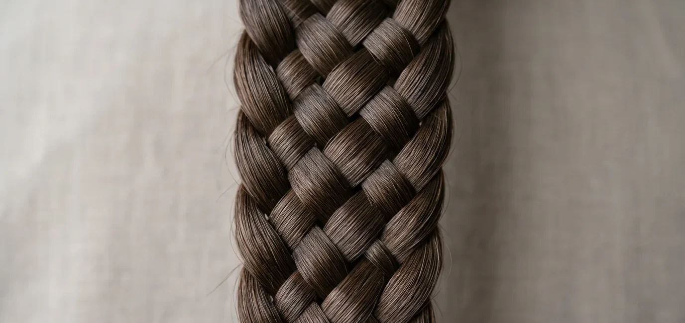 Close-up detail of intricate braid pattern showing individual hair strands and crossover technique