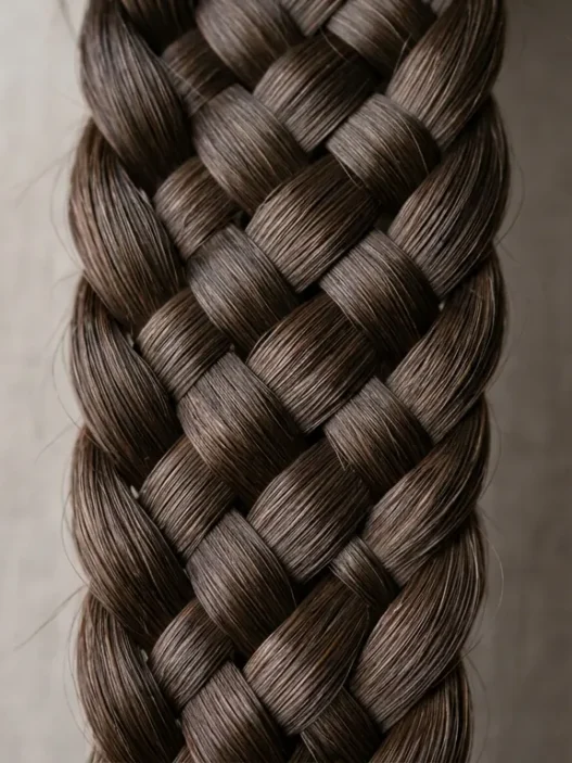 Close-up detail of intricate braid pattern showing individual hair strands and crossover technique
