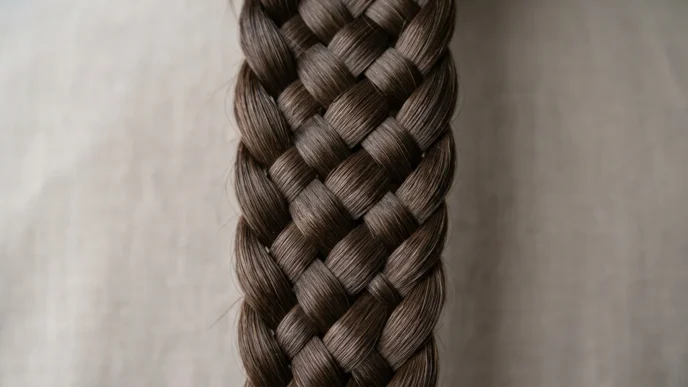 Close-up detail of intricate braid pattern showing individual hair strands and crossover technique