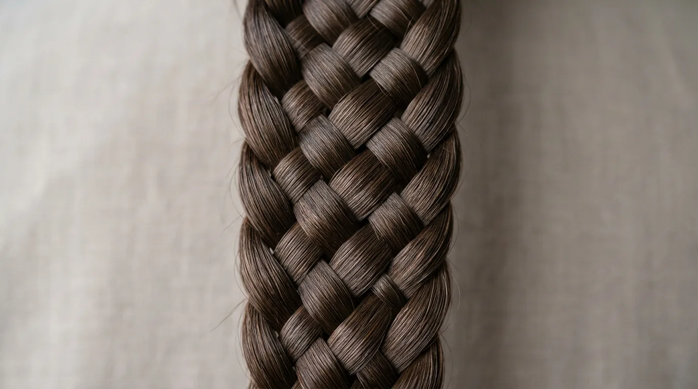Close-up detail of intricate braid pattern showing individual hair strands and crossover technique