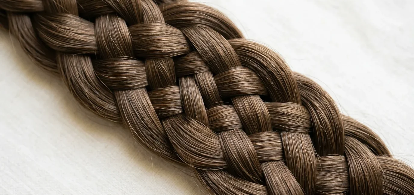 Close-up of intricate braid showing detailed weave pattern and crossover technique with visible individual strands