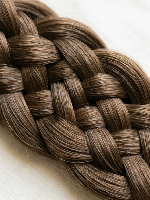 Close-up of intricate braid showing detailed weave pattern and crossover technique with visible individual strands