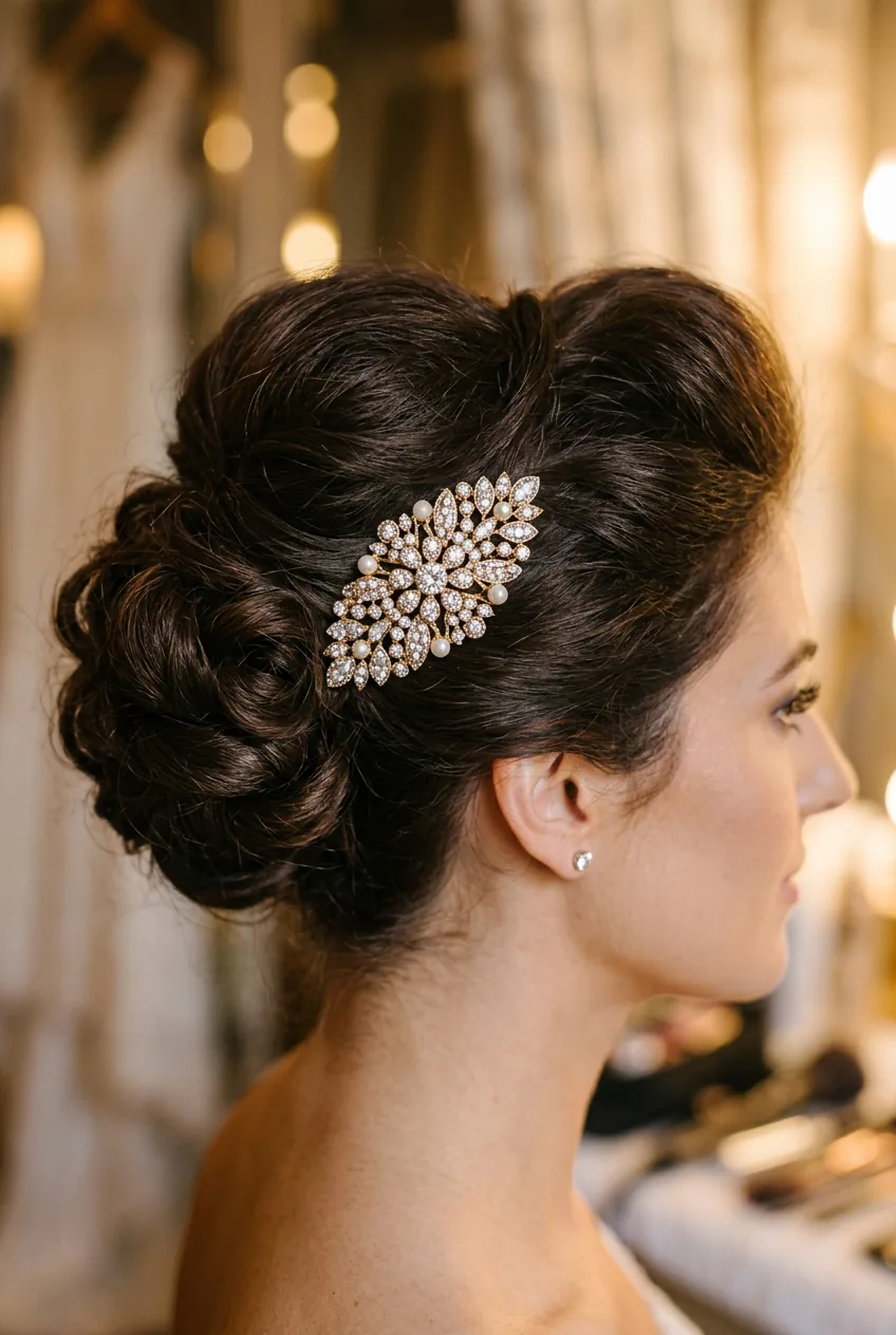 Close-up of jeweled hair clip in structured hairstyle with crown volume