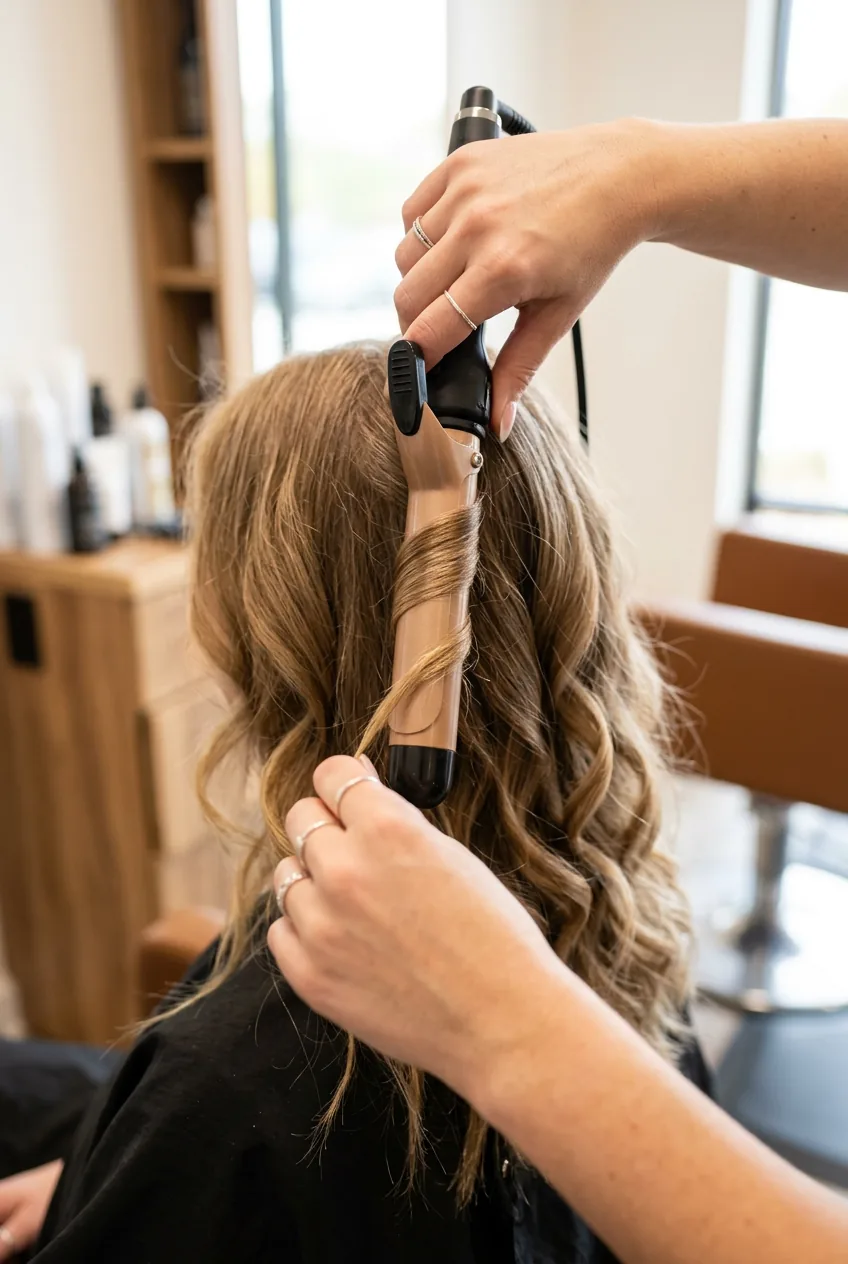 Close-up of large barrel curling iron creating loose waves in fine hair