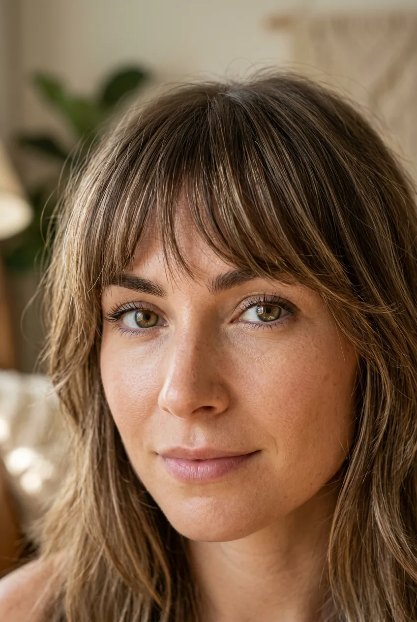 Close-up showing layered wispy fringe with multiple lengths and dimensional texture