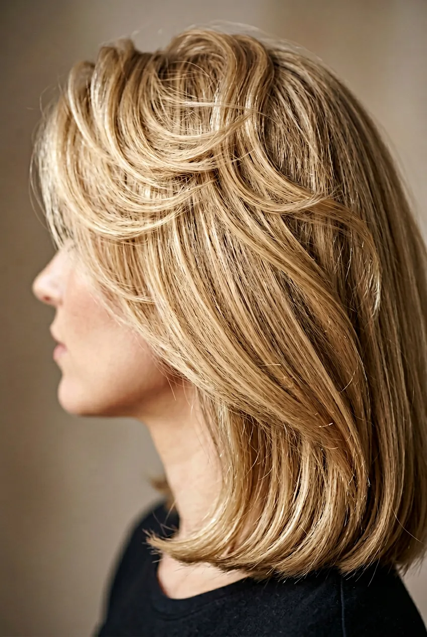 Layered hair styled with volume at crown and smooth mid-lengths in studio lighting