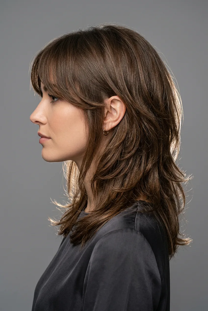 Woman with layered shag haircut showing curtain bangs and flowing texture in side profile