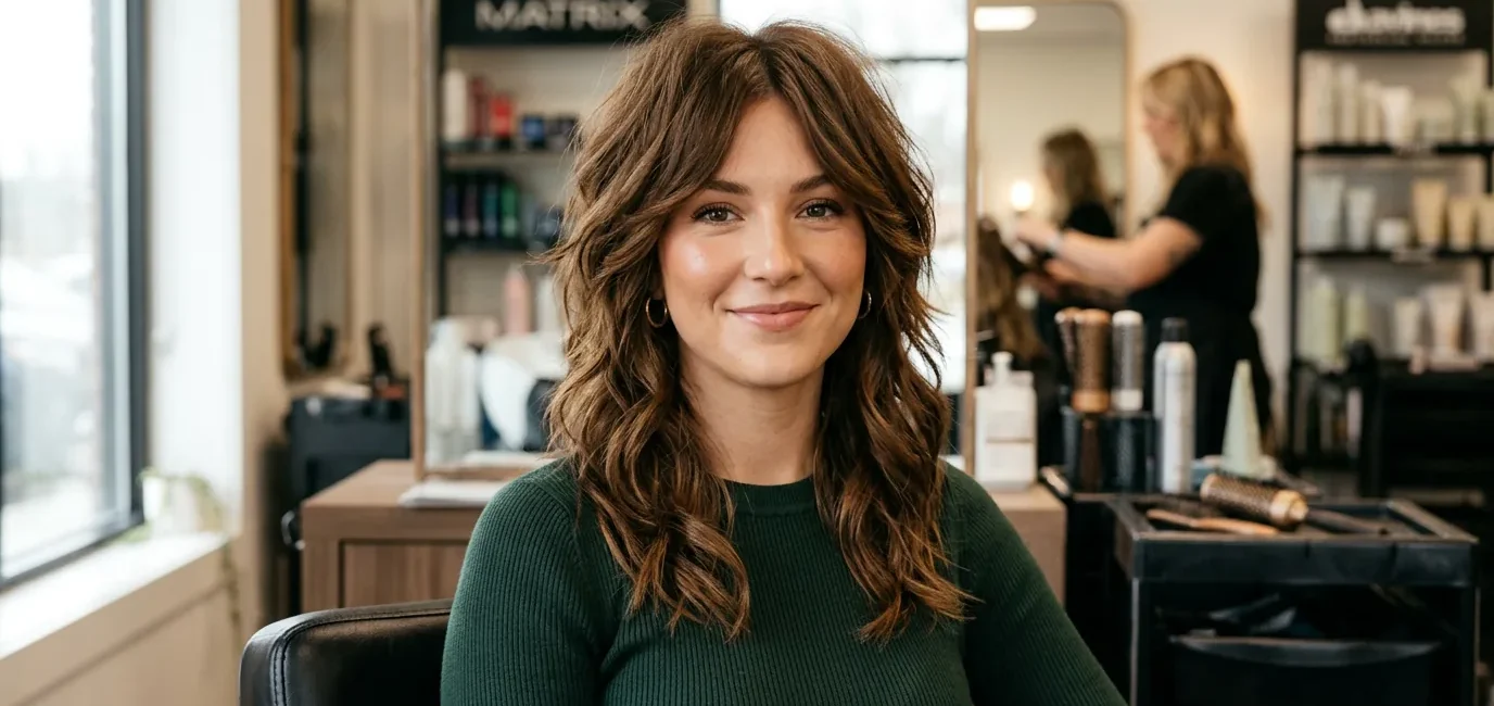 Woman with medium brown layered shag haircut in professional salon showing textured layers and face-framing pieces