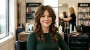 Woman with medium brown layered shag haircut in professional salon showing textured layers and face-framing pieces