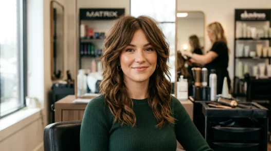 Woman with medium brown layered shag haircut in professional salon showing textured layers and face-framing pieces