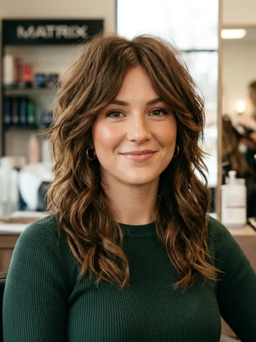 Woman with medium brown layered shag haircut in professional salon showing textured layers and face-framing pieces