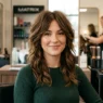 Woman with medium brown layered shag haircut in professional salon showing textured layers and face-framing pieces