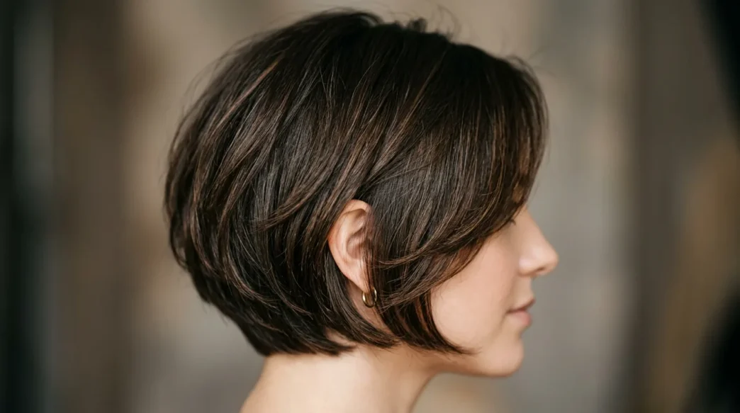 Woman with graduated short bob showing smooth layer transitions from crown to jawline
