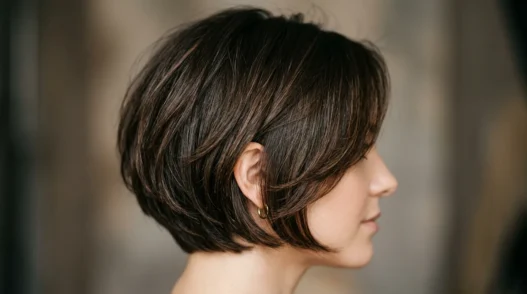Woman with graduated short bob showing smooth layer transitions from crown to jawline