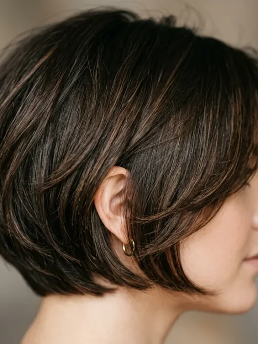 Woman with graduated short bob showing smooth layer transitions from crown to jawline