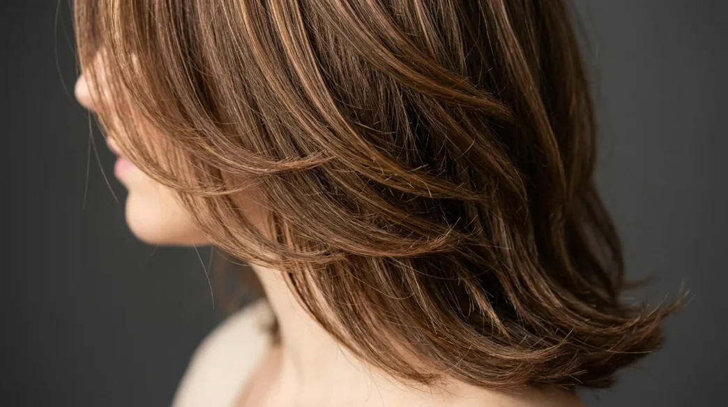 Woman with perfectly layered shoulder-length hair showing subtle highlights from jawline to crown