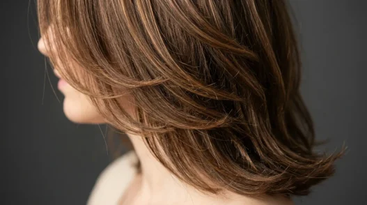 Woman with perfectly layered shoulder-length hair showing subtle highlights from jawline to crown