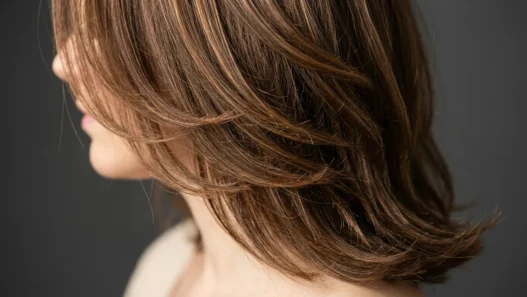 Woman with perfectly layered shoulder-length hair showing subtle highlights from jawline to crown