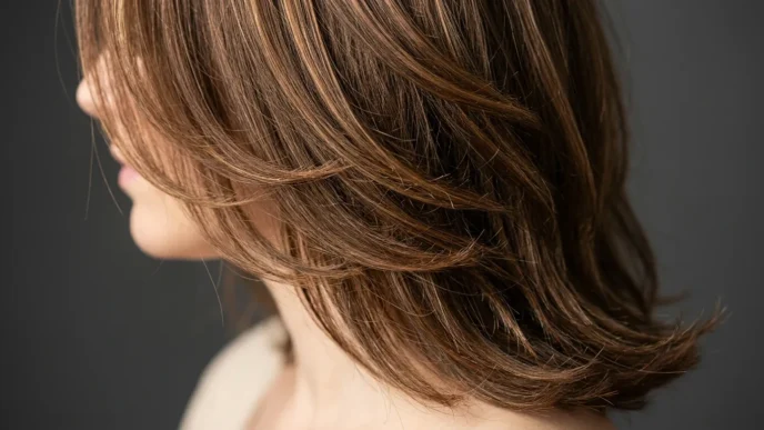 Woman with perfectly layered shoulder-length hair showing subtle highlights from jawline to crown