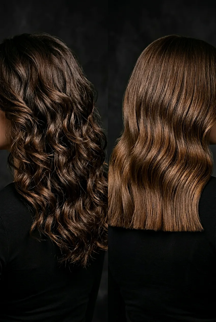 Side-by-side comparison of layered versus blunt wavy hair cuts showing volume and line differences