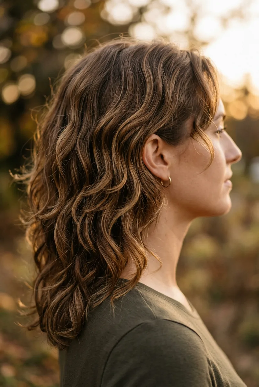 Side profile showing layered wavy hair cut with multiple wave patterns at different lengths in golden lighting