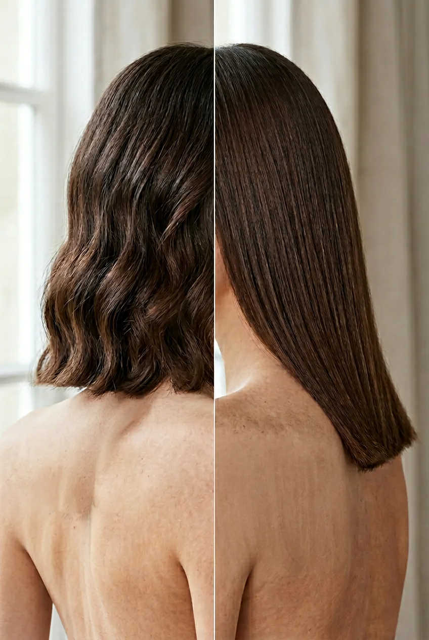 Side-by-side comparison showing collarbone length waves versus shoulder-length straight hair