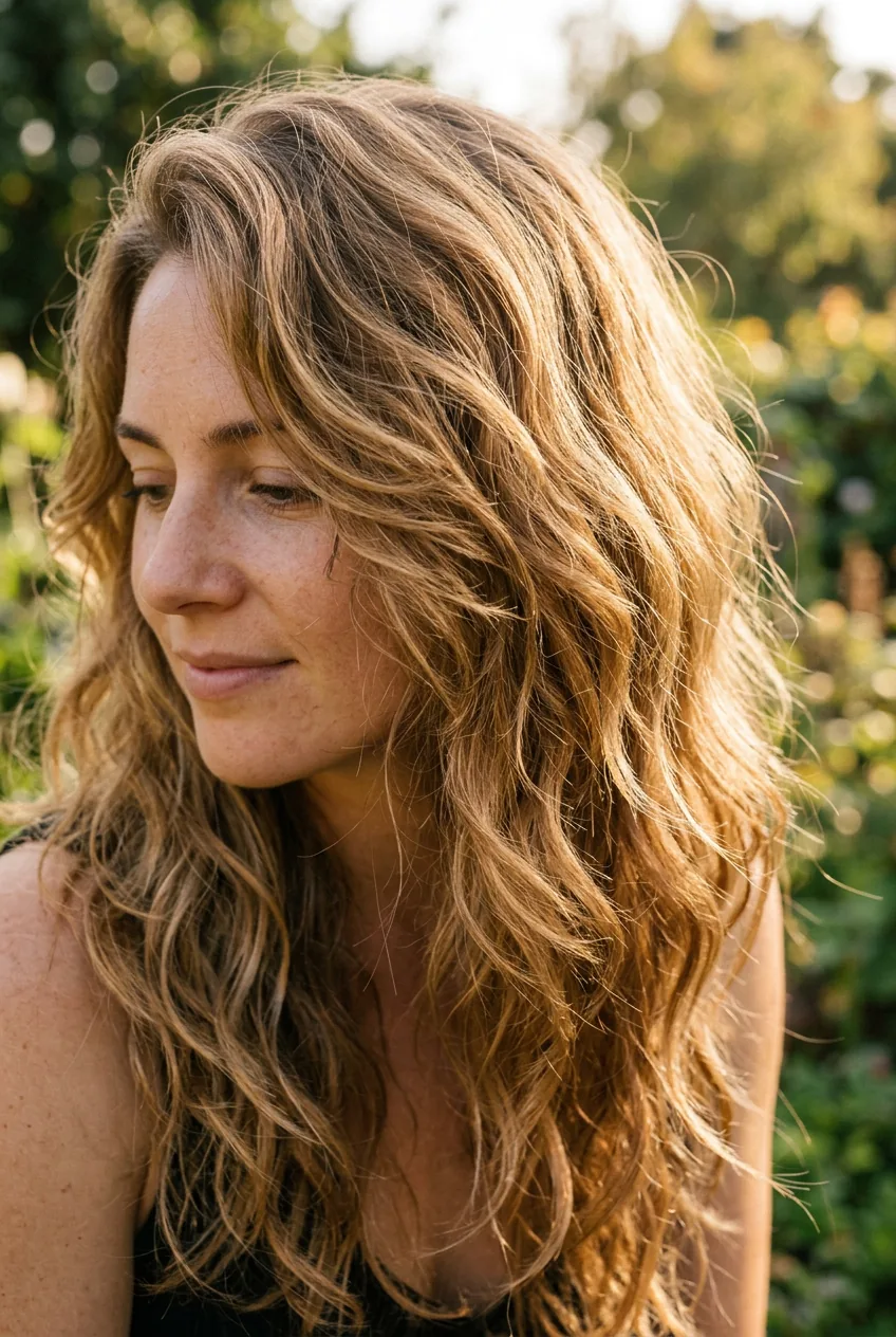Close-up of lived-in layered hair with natural waves and effortless texture