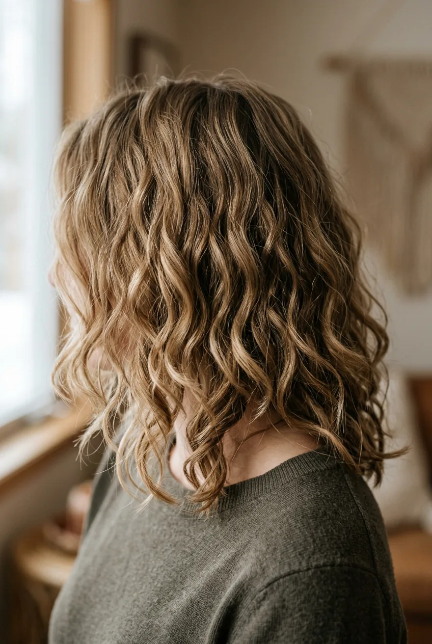 Woman with mixed wavy-curly texture in lived-in lob with slightly uneven lengths