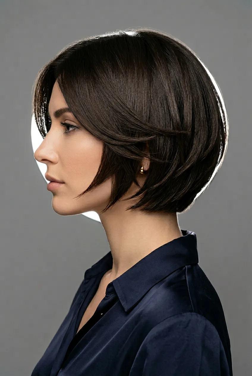 Woman showing lived-in textured layered bob with natural undone finish and piecey layers