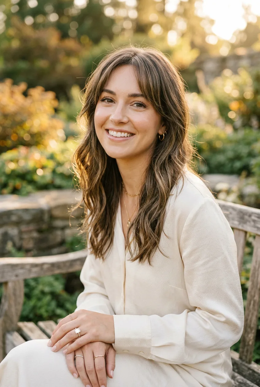 Woman with natural lived-in waves and curtain bangs in golden hour lighting for engagement portrait