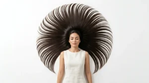 Long hair arranged in perfect circle around woman's head on white surface from overhead view