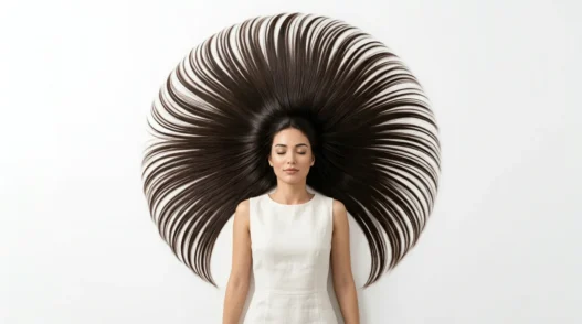 Long hair arranged in perfect circle around woman's head on white surface from overhead view
