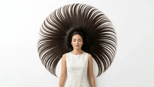 Long hair arranged in perfect circle around woman's head on white surface from overhead view