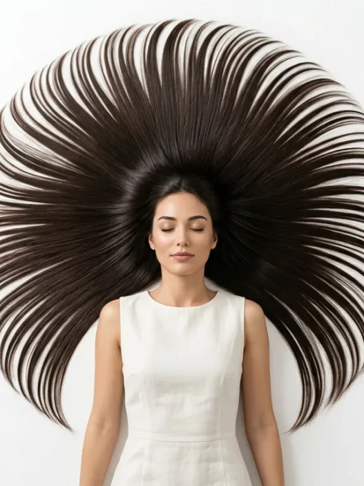 Long hair arranged in perfect circle around woman's head on white surface from overhead view