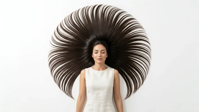 Long hair arranged in perfect circle around woman's head on white surface from overhead view