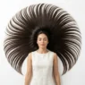 Long hair arranged in perfect circle around woman's head on white surface from overhead view