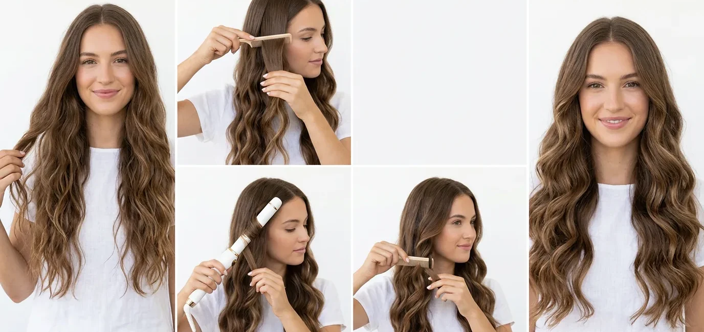 Woman with long flowing hair styled in loose natural waves against clean white background