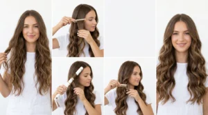 Woman with long flowing hair styled in loose natural waves against clean white background