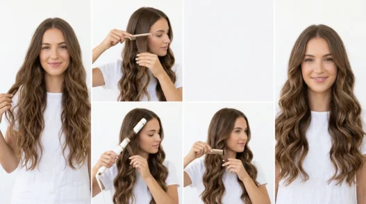 Woman with long flowing hair styled in loose natural waves against clean white background