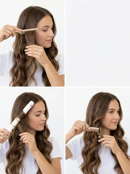 Woman with long flowing hair styled in loose natural waves against clean white background