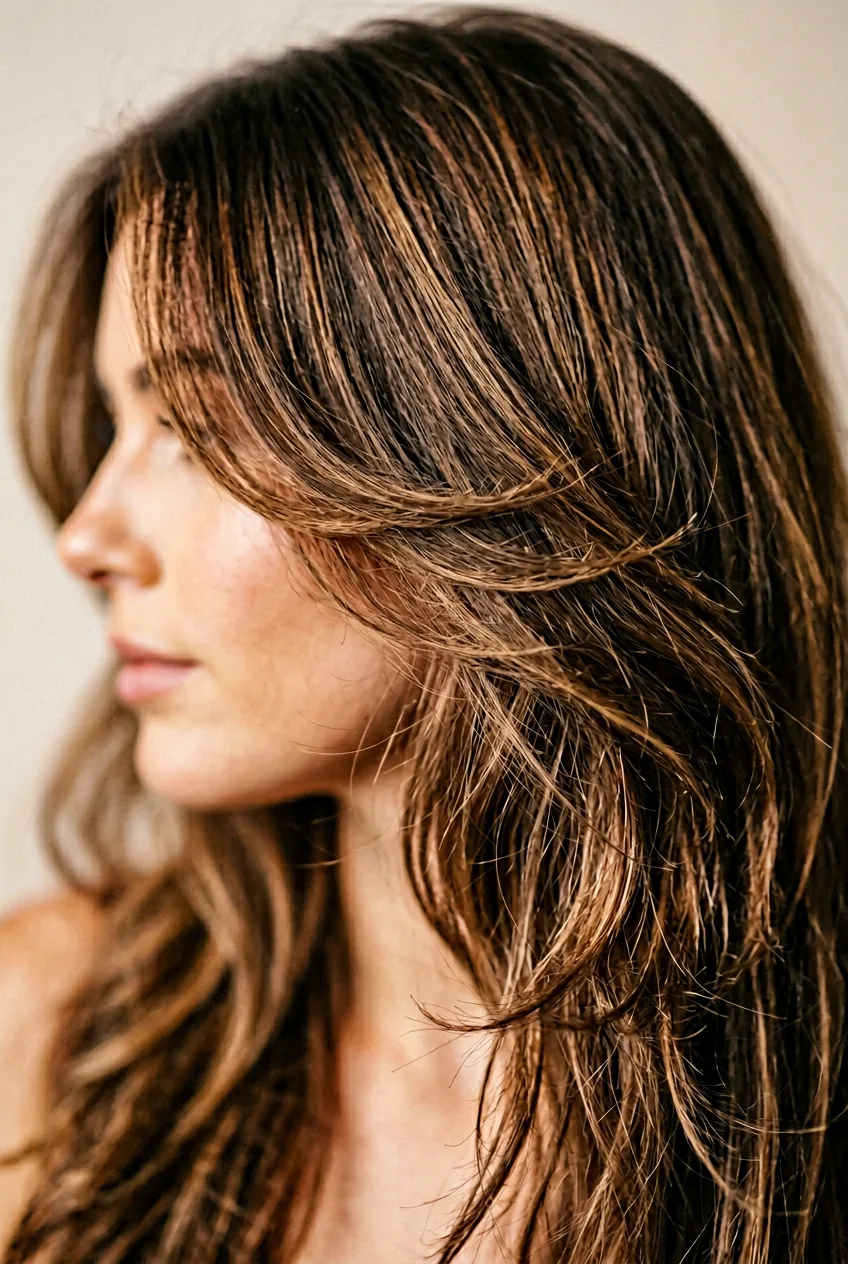 Long layered hair with face-framing pieces showing natural movement and flow