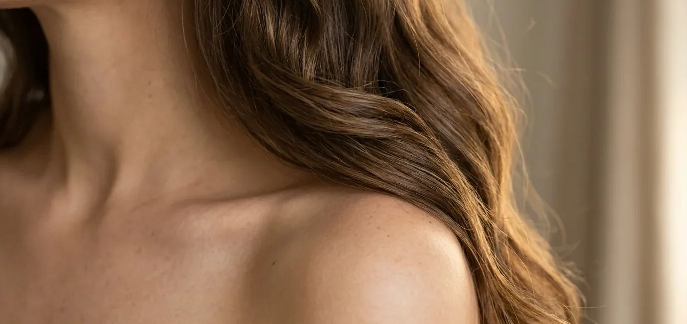 Long wavy hair cascading over bare shoulder showing natural movement and golden highlights