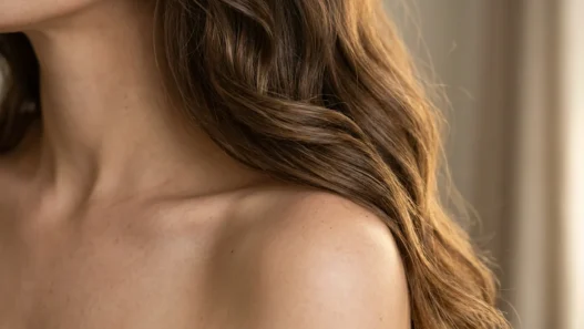 Long wavy hair cascading over bare shoulder showing natural movement and golden highlights