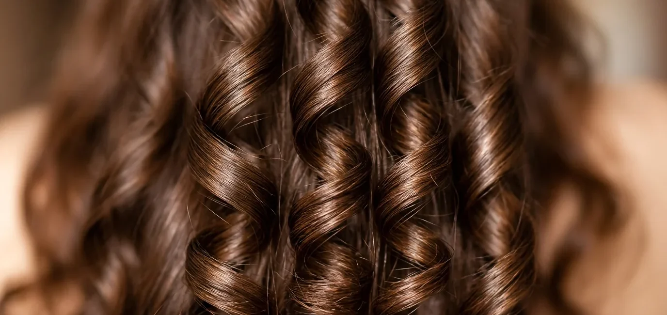 Close-up of perfectly defined spiral wave patterns in long brunette hair showing natural curl formation