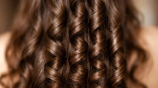 Close-up of perfectly defined spiral wave patterns in long brunette hair showing natural curl formation