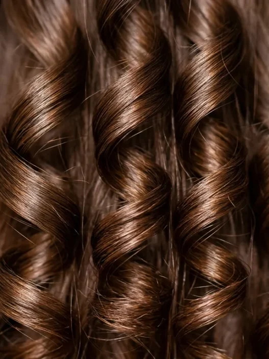 Close-up of perfectly defined spiral wave patterns in long brunette hair showing natural curl formation