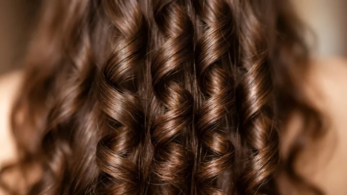 Close-up of perfectly defined spiral wave patterns in long brunette hair showing natural curl formation