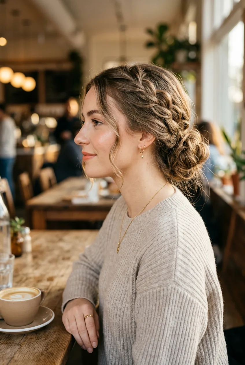Romantic loose braided updo with relaxed braid swept across for casual dates