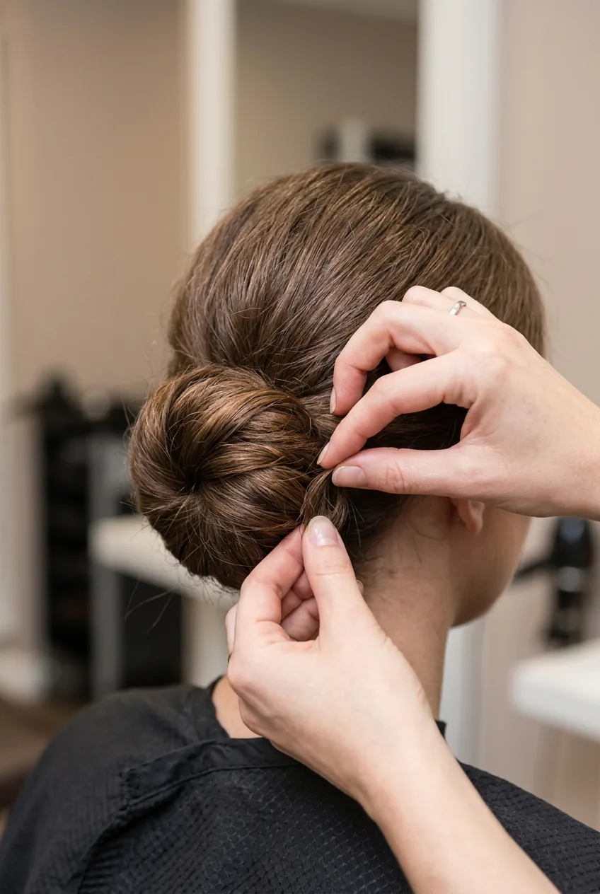 Hands tucking loose hair ends into completed bun structure with finishing technique