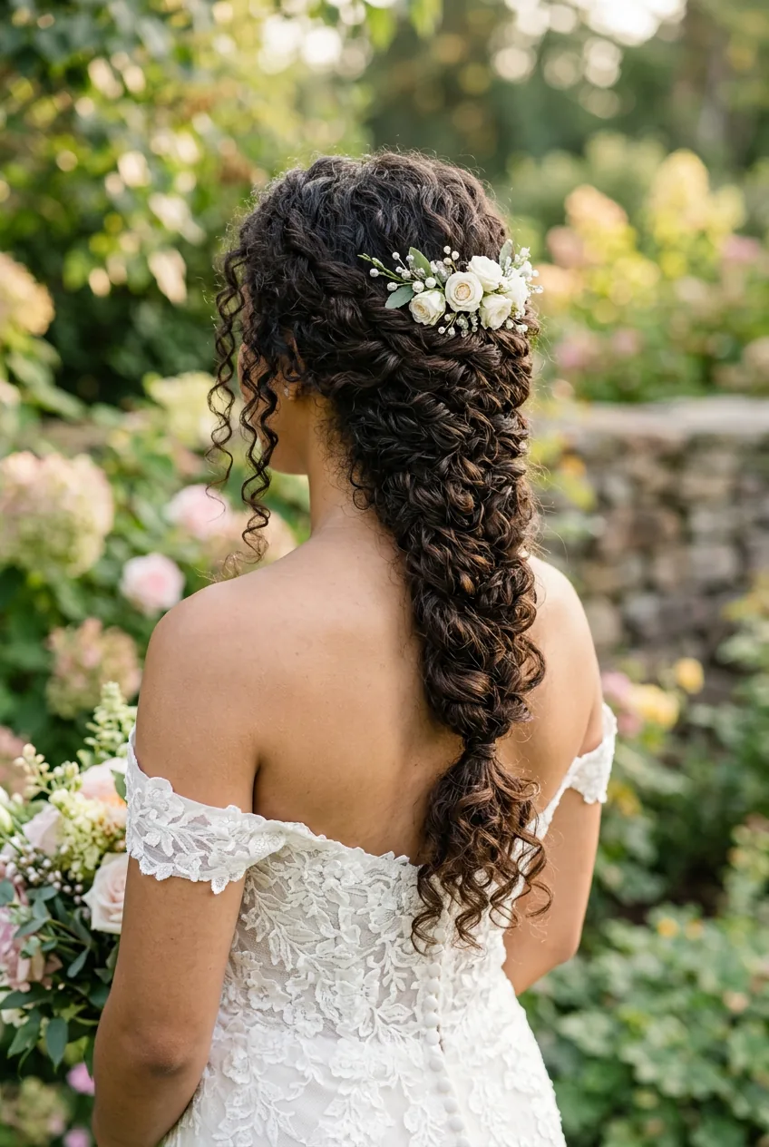 Loose French braid on curly hair with pancaked sections creating romantic texture